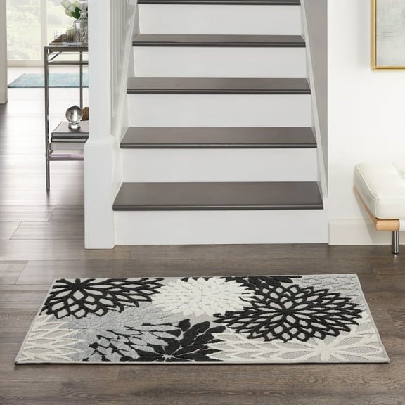 Nourison Aloha Indoor/outdoor Floral Black White Area Rug