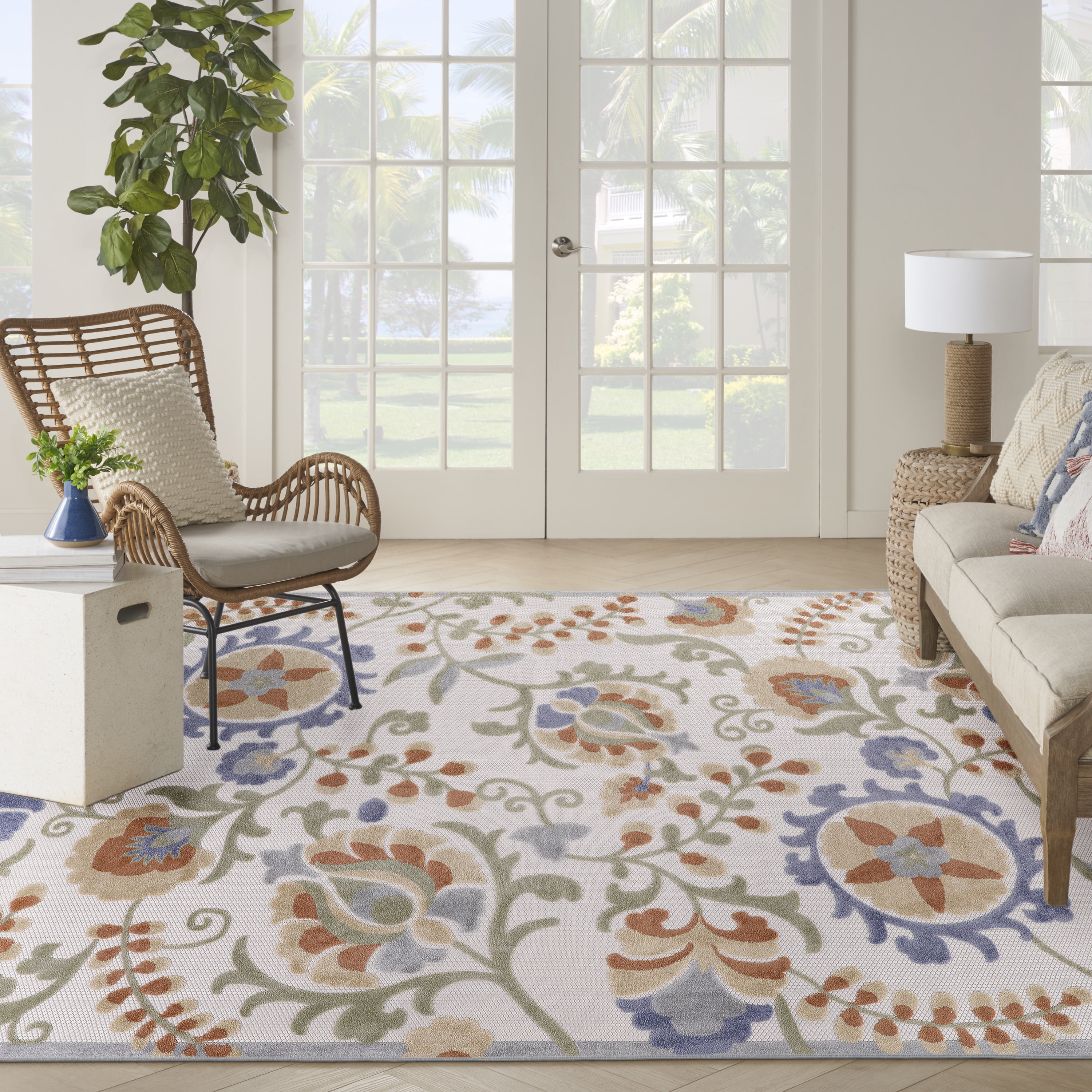 Ivory Blue Floral Flat-Woven Synthetic Area Rug 7'10" x 10'6"