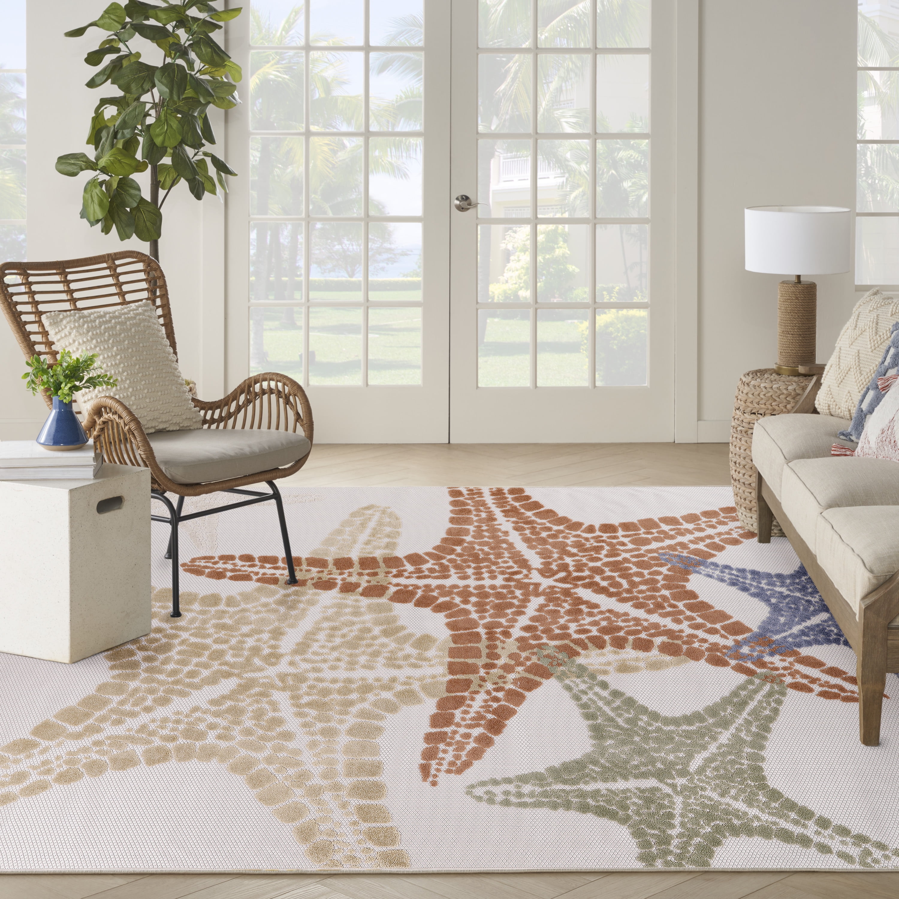 Nourison Aloha Outdoor Rug, Navy Multicolor, Tropical Leaf Design
