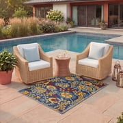 Nourison Aloha Floral Textured Flatweave High-Low Indoor Outdoor Area Rug Navy Multicolor 28" x 4