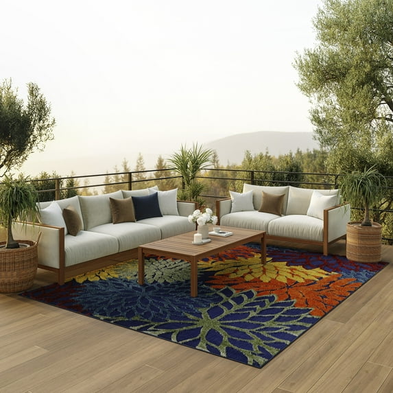 Nourison Aloha Outdoor Navy Multicolor 7'10" x 10'6" Area Rug (8x11)