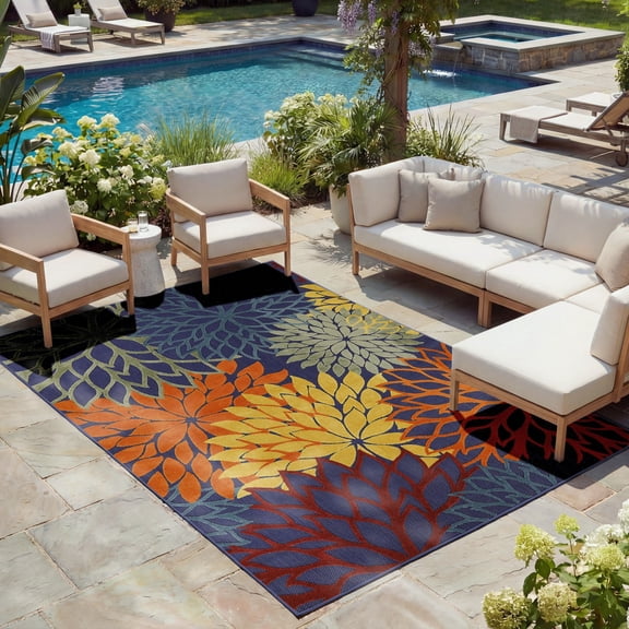 Nourison Aloha Floral Bloom Flatweave High-Low Indoor Outdoor Area Rug Navy Multicolor 9' x 12'