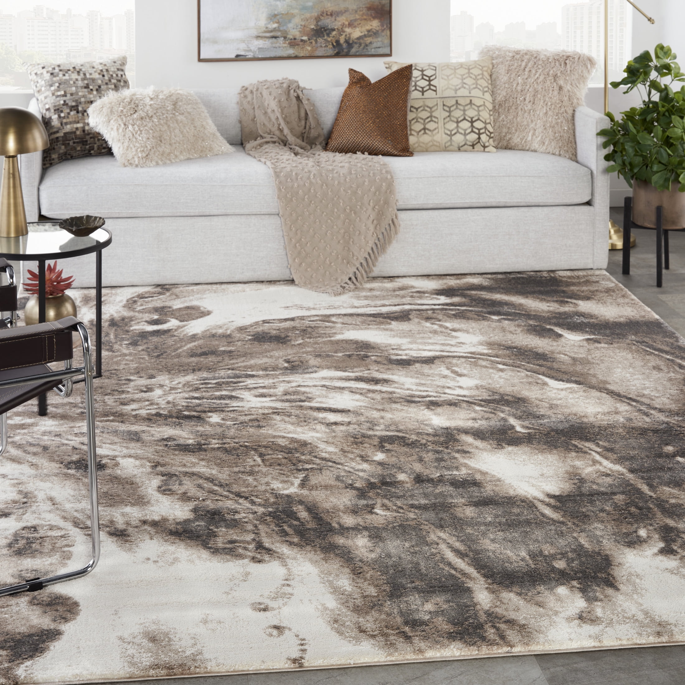 Ivory and Mocha Abstract Synthetic Rectangular Area Rug 8' x 10'