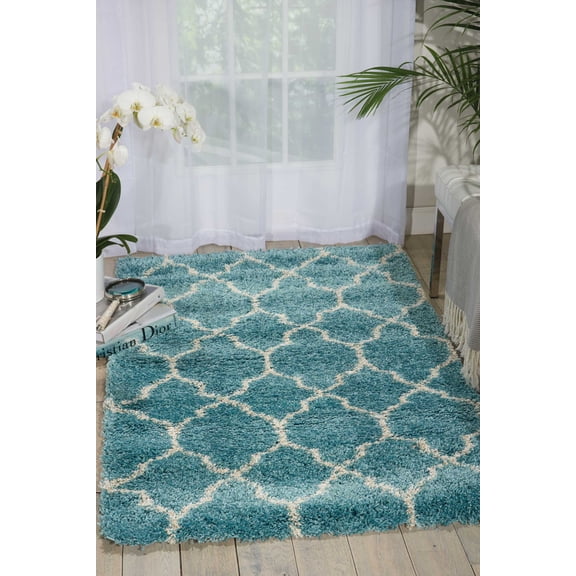 Nourison Amore Shag Trellis Aqua 3'2" x 5' Area Rug, (3' x 5')