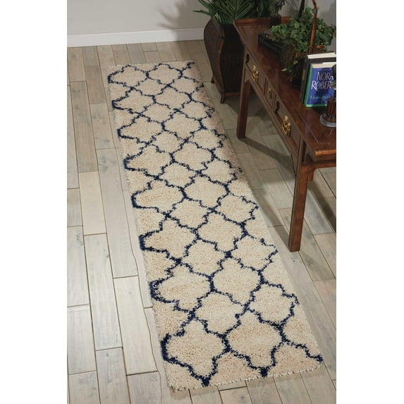 Nourison Amore Shag Trellis Ivory/Blue 2'2" x 10' Area Rug, (10' Runner)