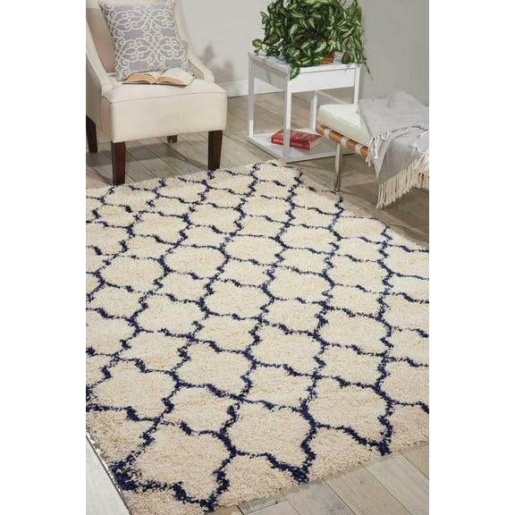 Nourison Amore Shag Trellis Ivory/Blue 3'2" x 5' Area Rug, (3' x 5')