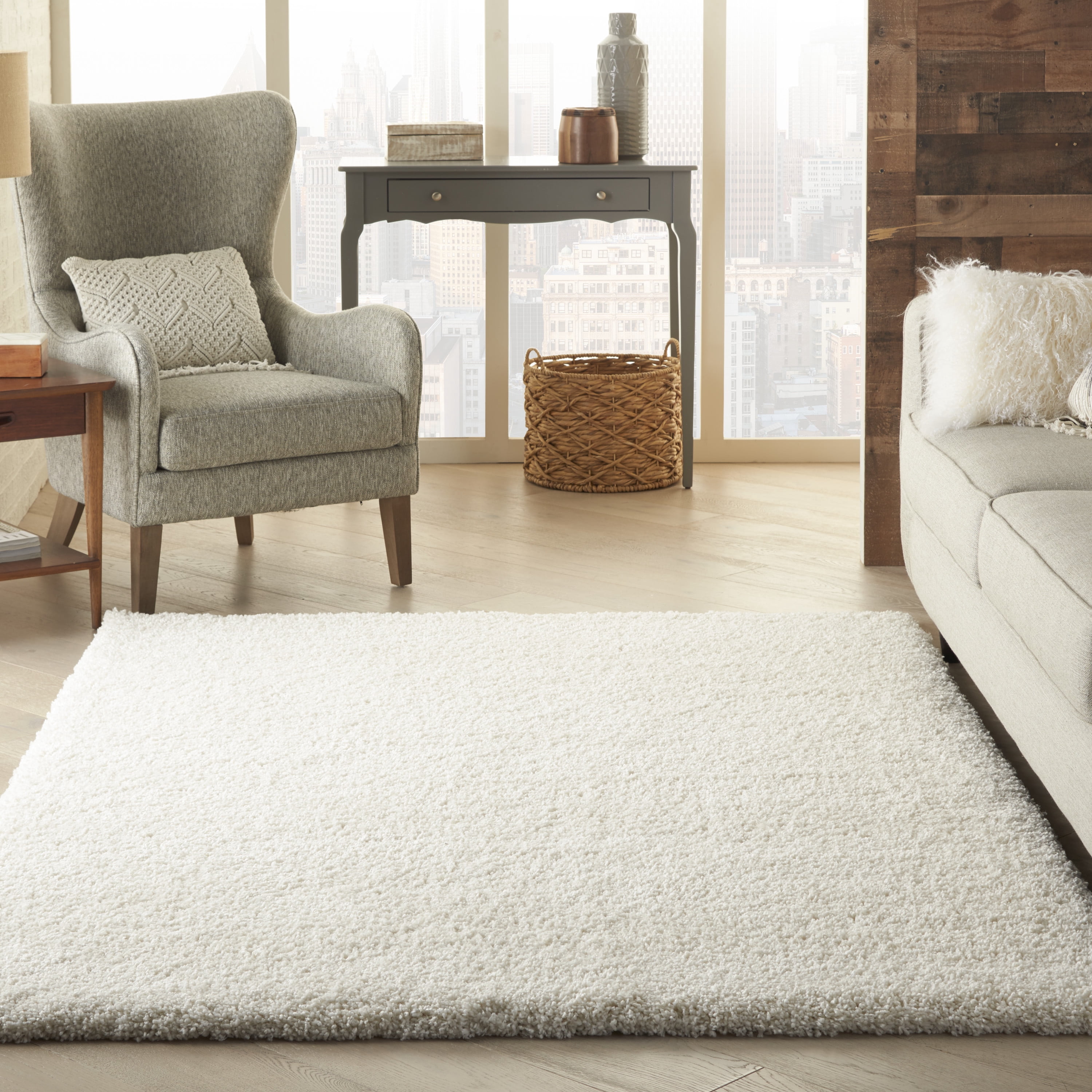 Nourison Ashland Solid Shag White 5'3" x 7'3" Area Rug, (5' x 7')