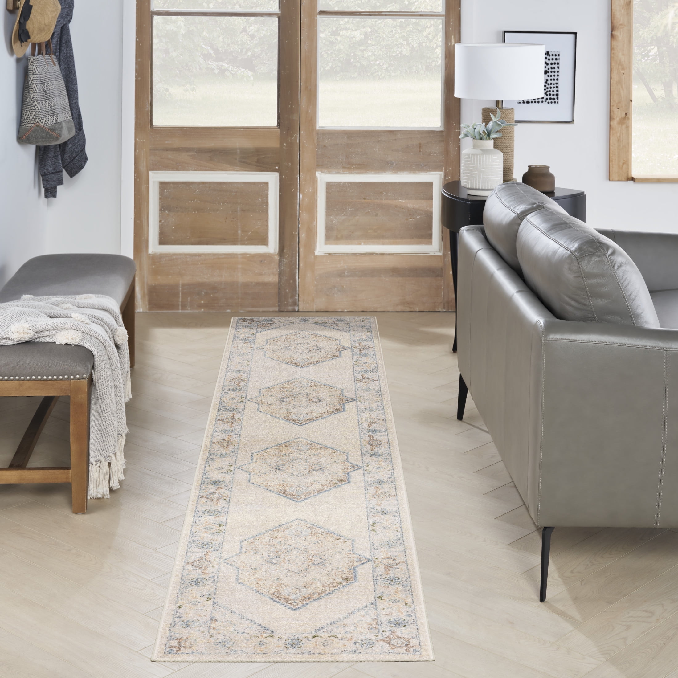 Nourison Astra Machine Washable 2'2" x 10' Ivory Blue Vintage Indoor Rug