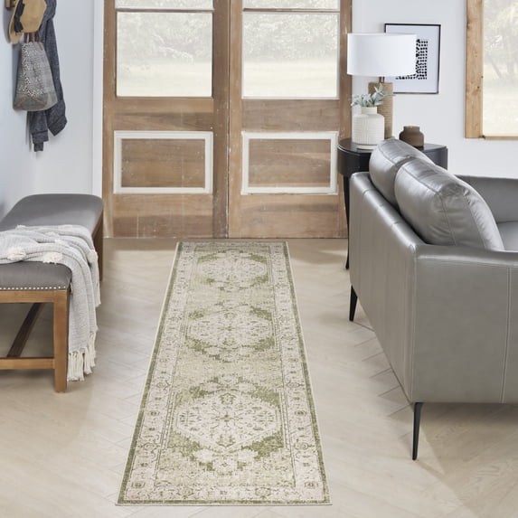 Nourison Astra Machine Washable 2'2" x 10' Ivory Green Vintage Indoor Rug