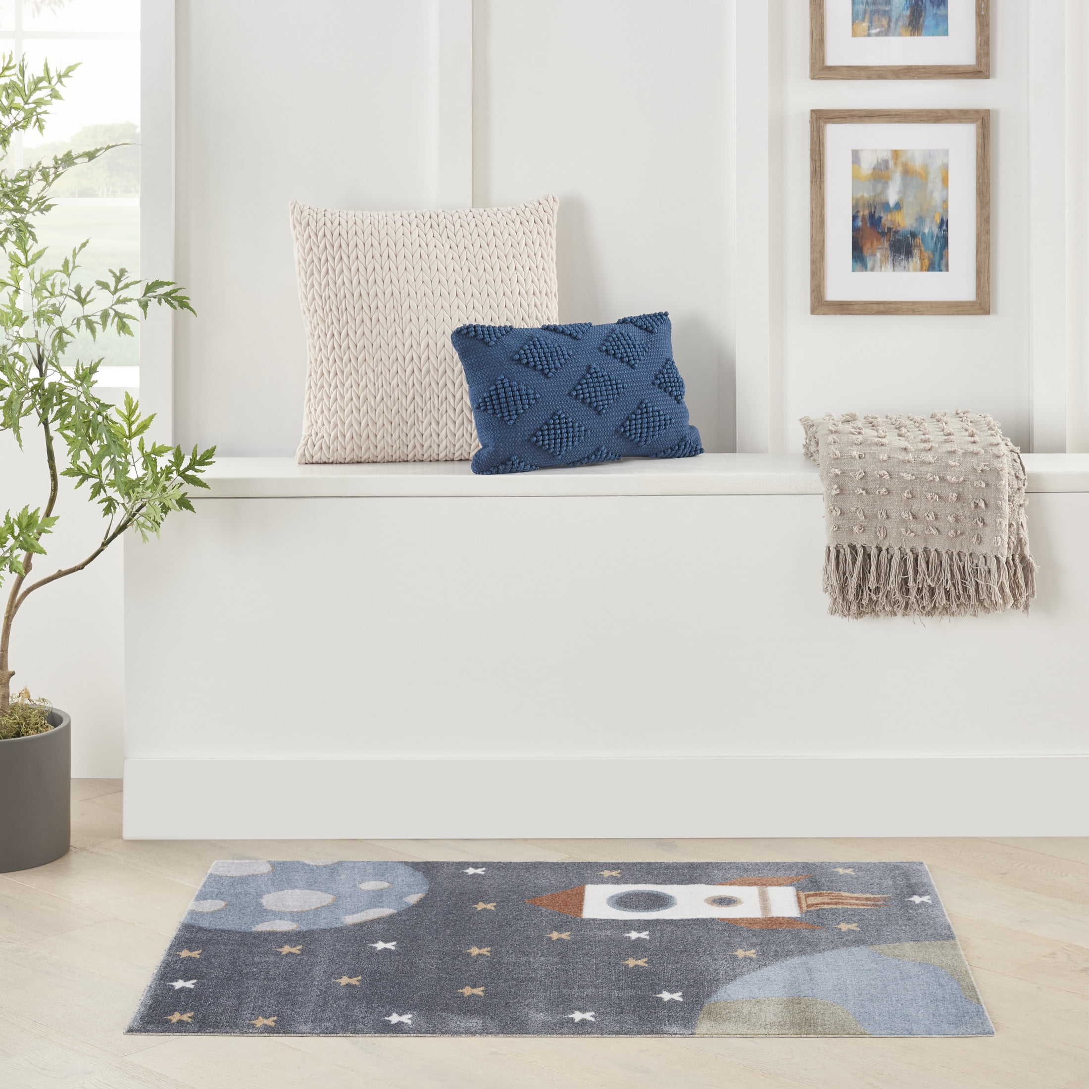 Sky Blue Rectangular Kids Rug with Rocket Design, 2'2" x 4'