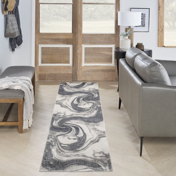Nourison Astra Machine Washable 2'2" x 8' Ivory Grey Modern Indoor Rug