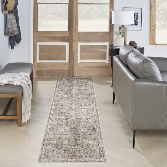 Nourison Astra Machine Washable 2'2" x 8' Silver Taupe Vintage Indoor Rug