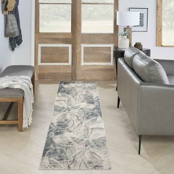 Nourison Astra Machine Washable 2' x 6' Silver Blue Modern Indoor Rug