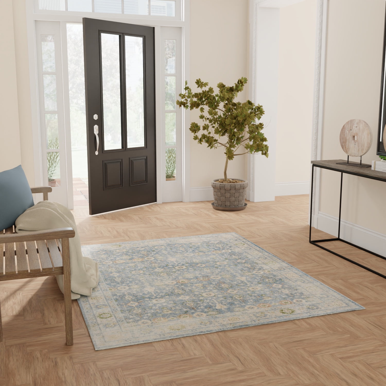 Teal Beige Floral Synthetic Washable Rectangular Area Rug 5' x 7'