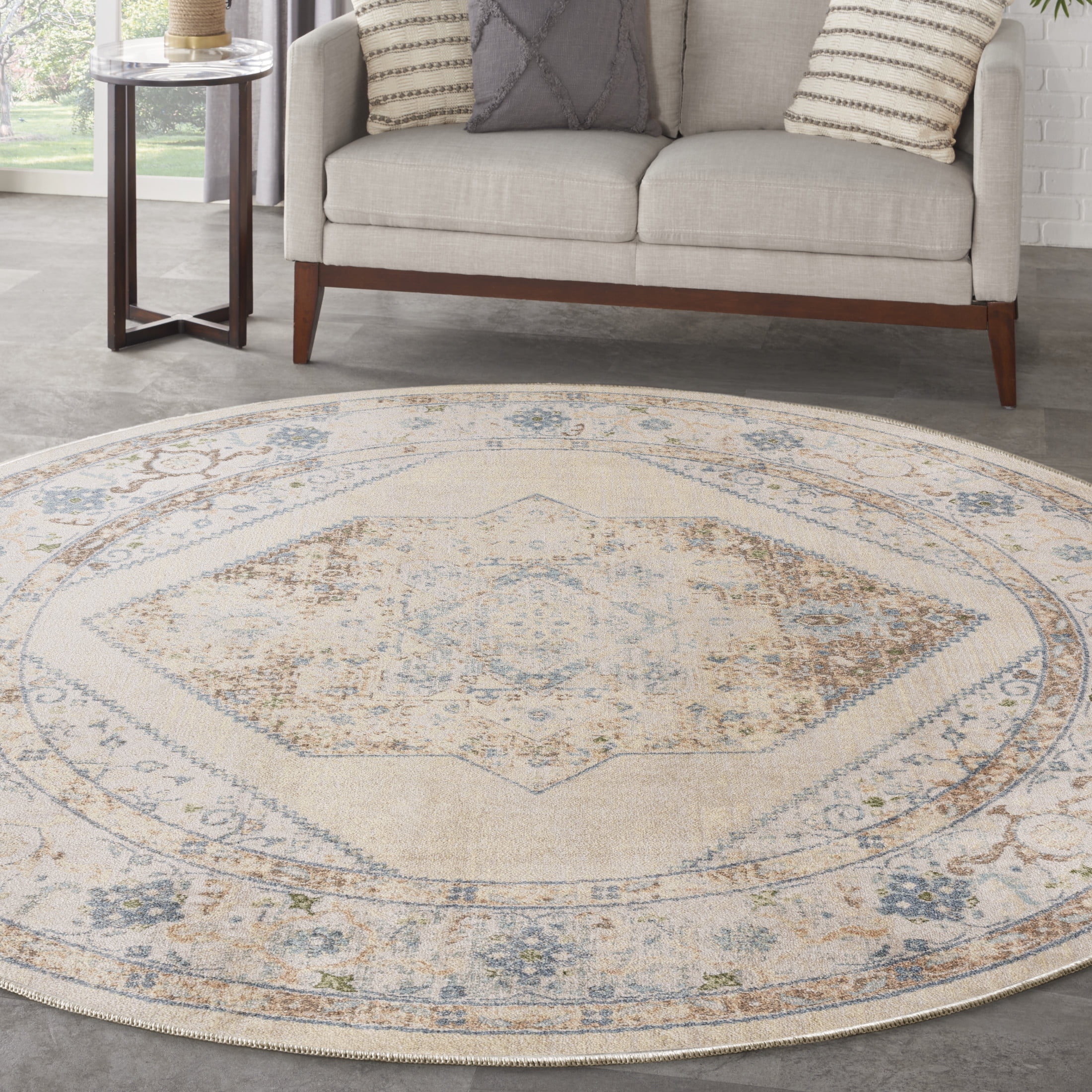 Ivory Blue Round Medallion Machine Washable Area Rug