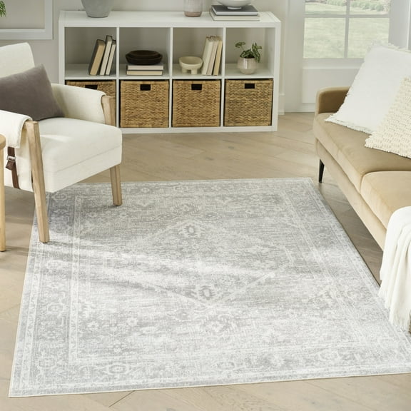 Nourison Astra Machine Washable 5'3" x 7' Light Grey Vintage Indoor Rug
