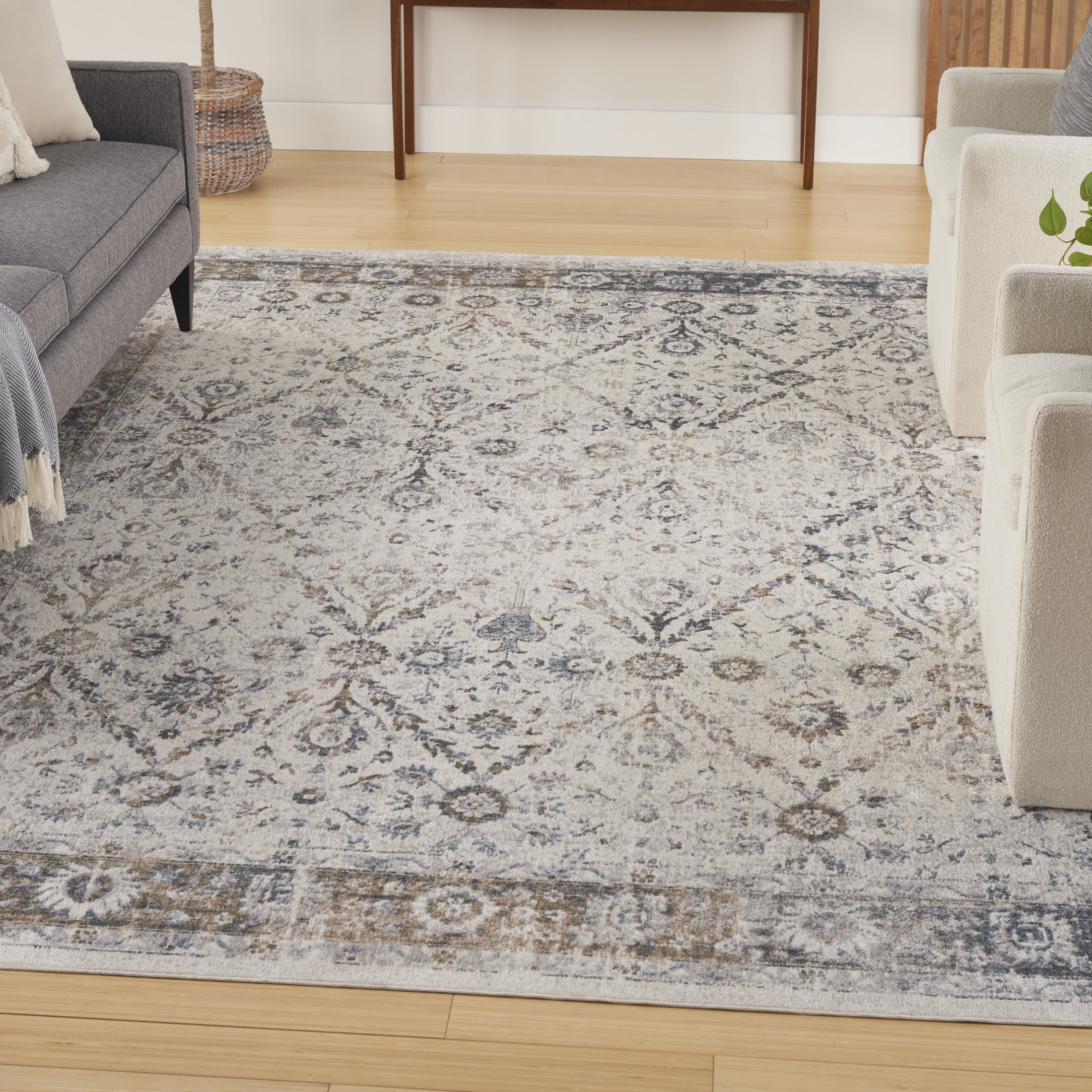 Ivory Blue Floral Synthetic 8' x 10' Washable Rug