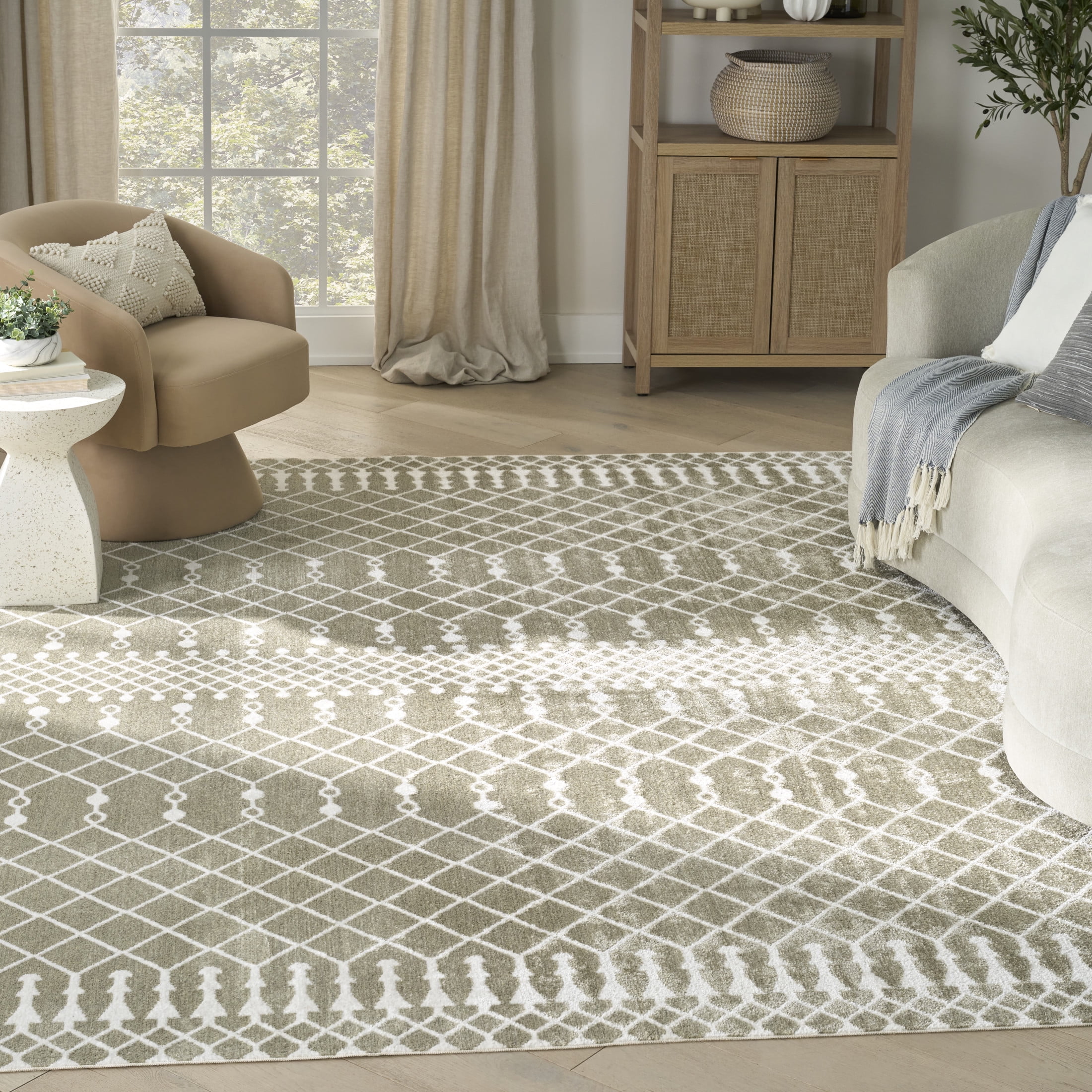 Sage Green and Ivory Synthetic Trellis 8' x 10' Washable Rug