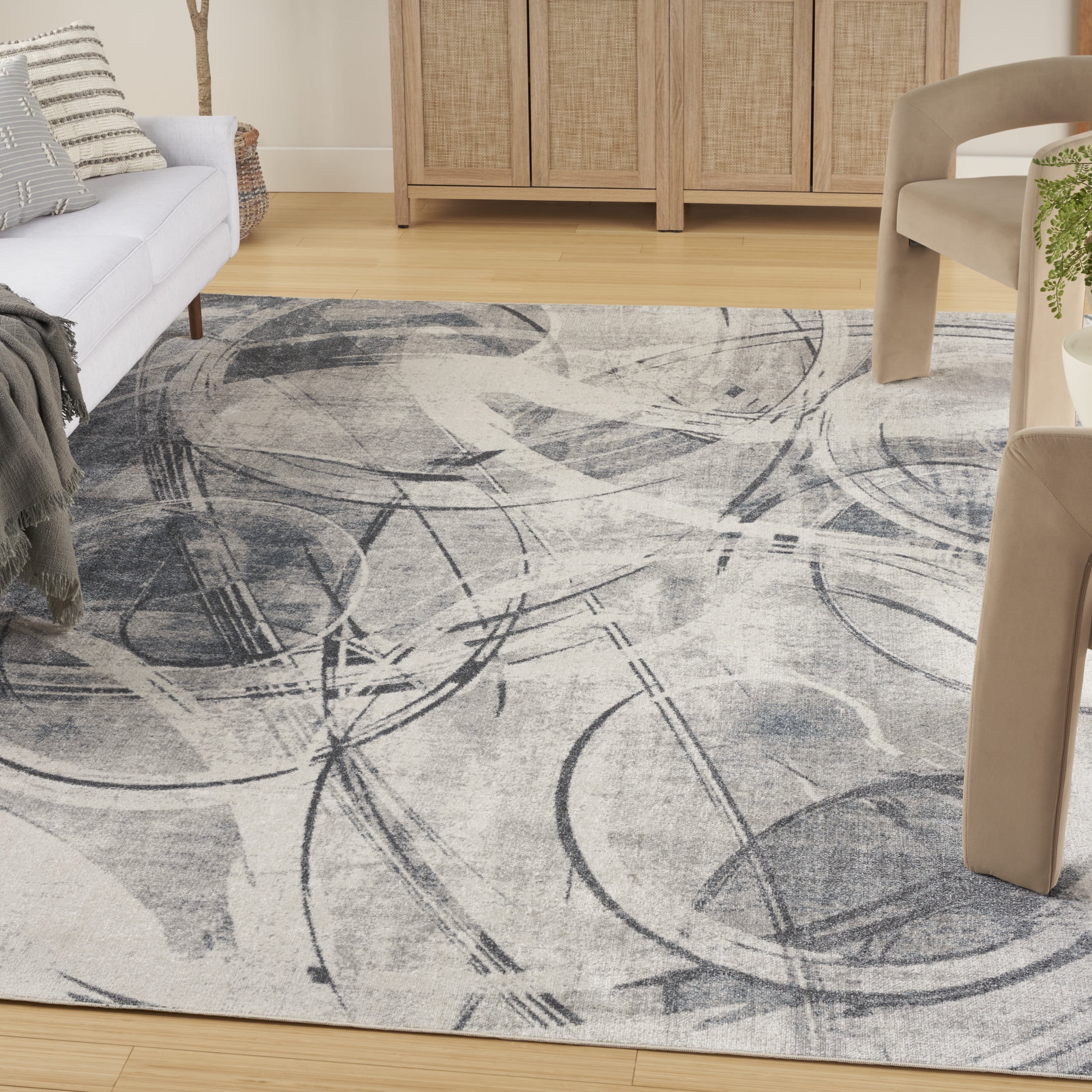 Silver Blue Abstract Synthetic Rectangular Washable Area Rug 8' x 10'