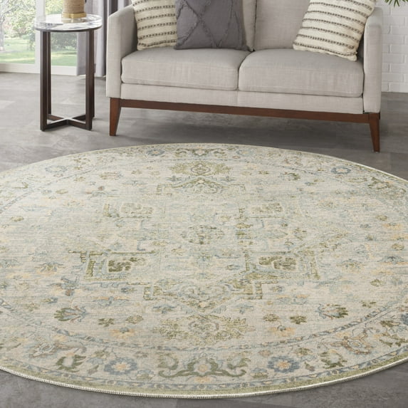Nourison Astra Machine Washable 7'10" x Round Blue Green Vintage Indoor Rug
