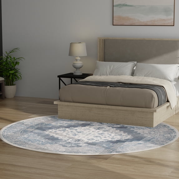 Nourison Astra Machine Washable 7'10" x Round Blue Ivory Vintage Indoor Rug