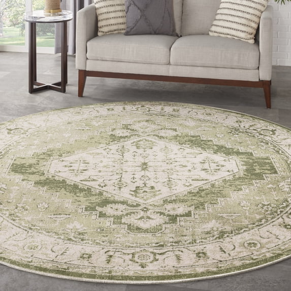 Nourison Astra Machine Washable 7'10" x Round Ivory Green Vintage Indoor Rug