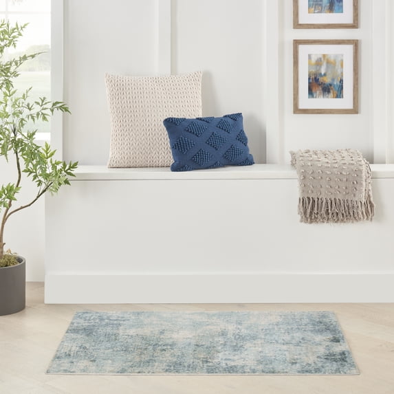 Nourison Astra Machine Washable Abstract Blue Ivory 2'2" x 4' Area Rug (2x4)