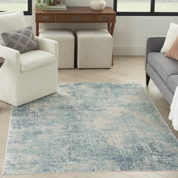 Nourison Astra Machine Washable Abstract Blue Ivory 4' x 6' Area Rug, (4x6)