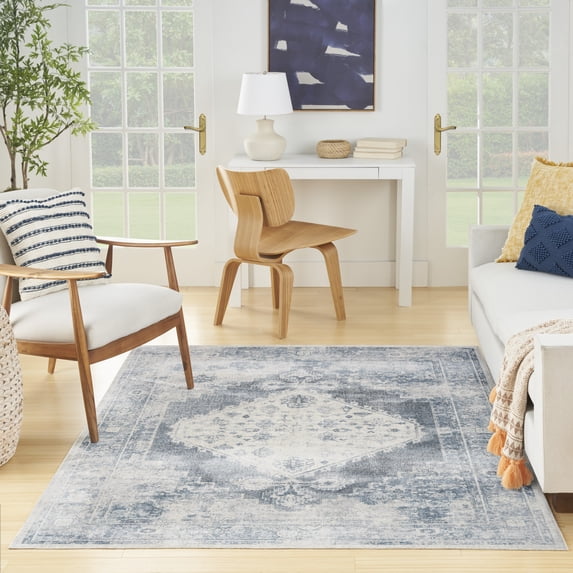 Nourison Astra Machine Washable Bohemian Blue/Ivory 5'3" x 7' Area Rug, (5x7)