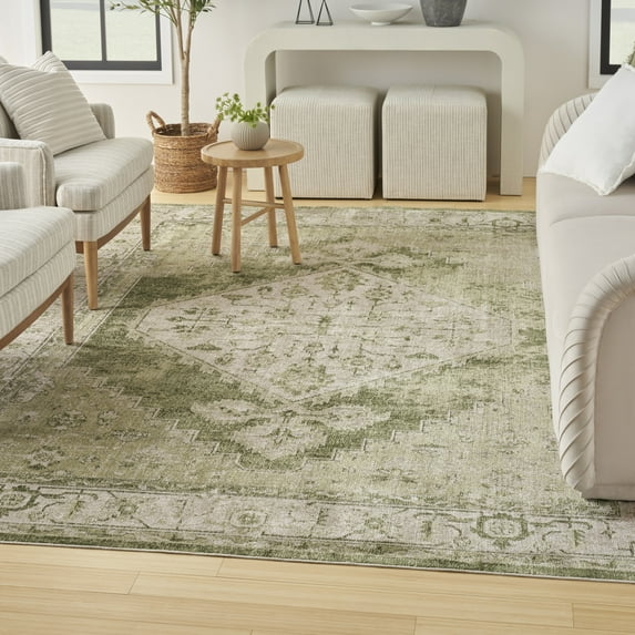 Nourison Astra Machine Washable Center medallion Ivory Green 6'7" x 9' Area Rug (7x9)
