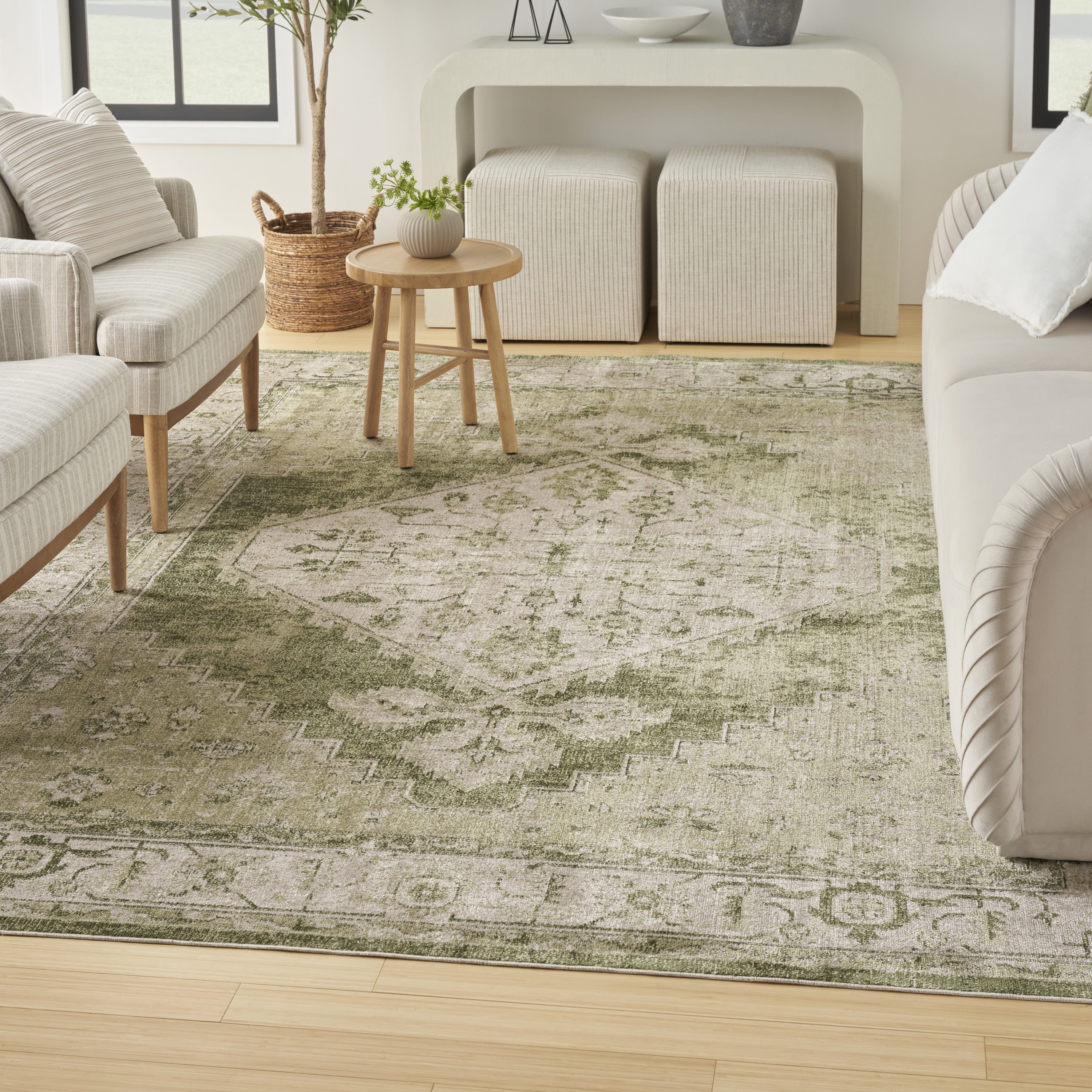 Ivory Green Floral Medallion Machine Washable Area Rug 8x10