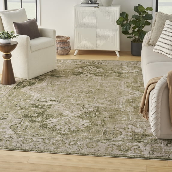 Nourison Astra Machine Washable Center medallion Ivory Green 9' x 12' Area Rug (9x12)