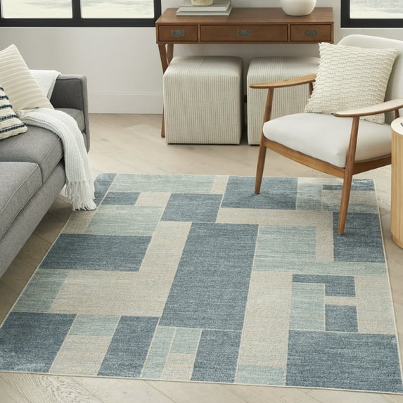 Nourison Astra Machine Washable Geometric Blue Ivory 4' x 6' Area Rug, (4x6)