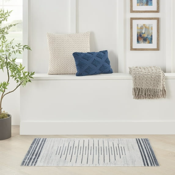 Nourison Astra Machine Washable Geometric Ivory Blue 2'2" x 4' Area Rug (2x4)