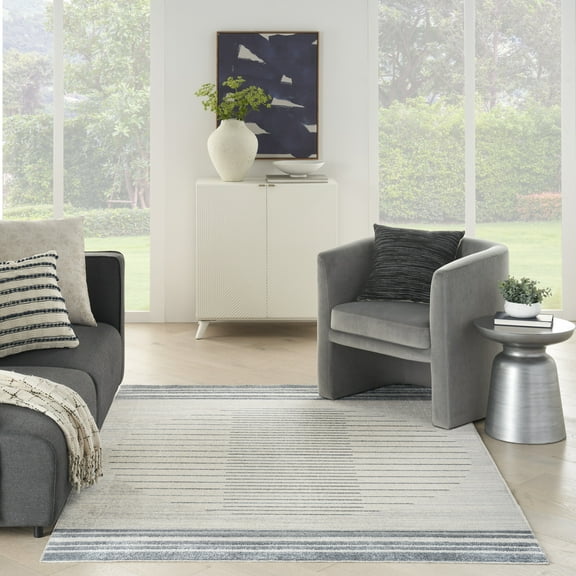 Nourison Astra Machine Washable Geometric Ivory Blue 5'3" x 7' Area Rug, (5x7)