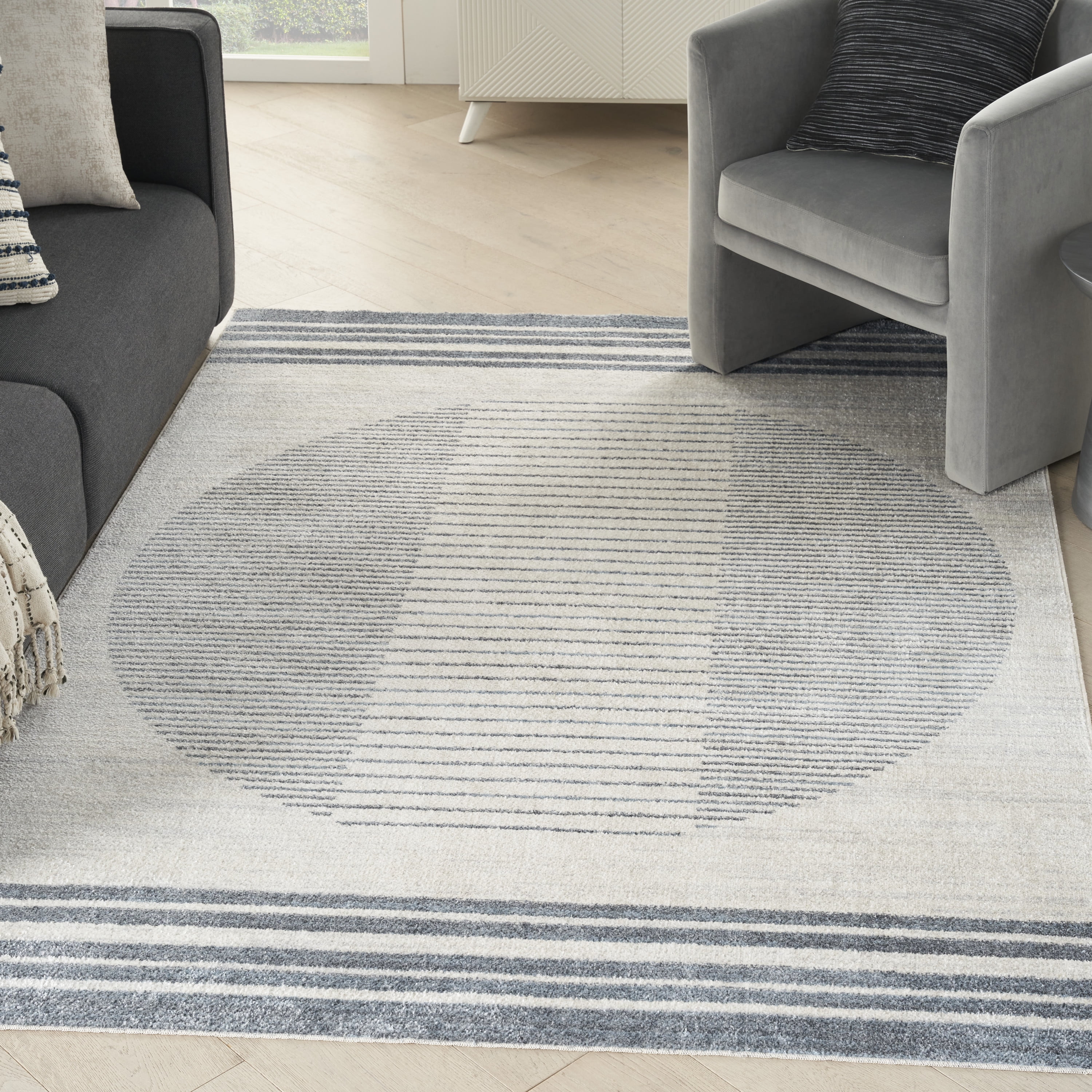 Scandinavian Charm Blue Stripe Washable 5' x 7' Wool Blend Rug