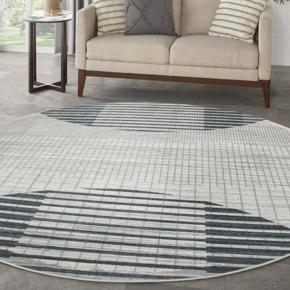 Nourison Astra Machine Washable Mid-Century Modern Ivory Blue 7'10" x Round Area Rug (8 Round)
