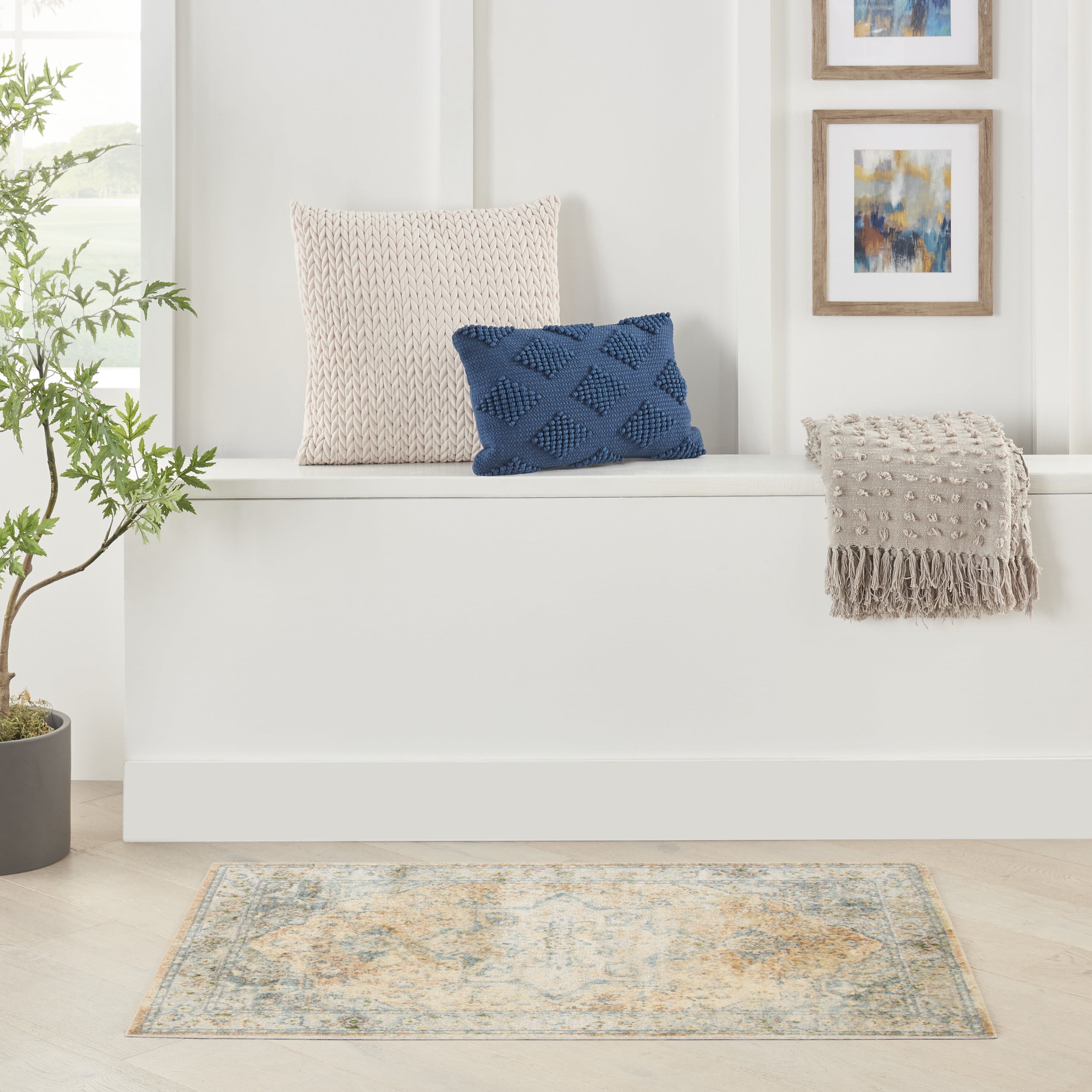 Beige Blue Medallion Washable Synthetic Flatweave Rug 2'2" x 4'