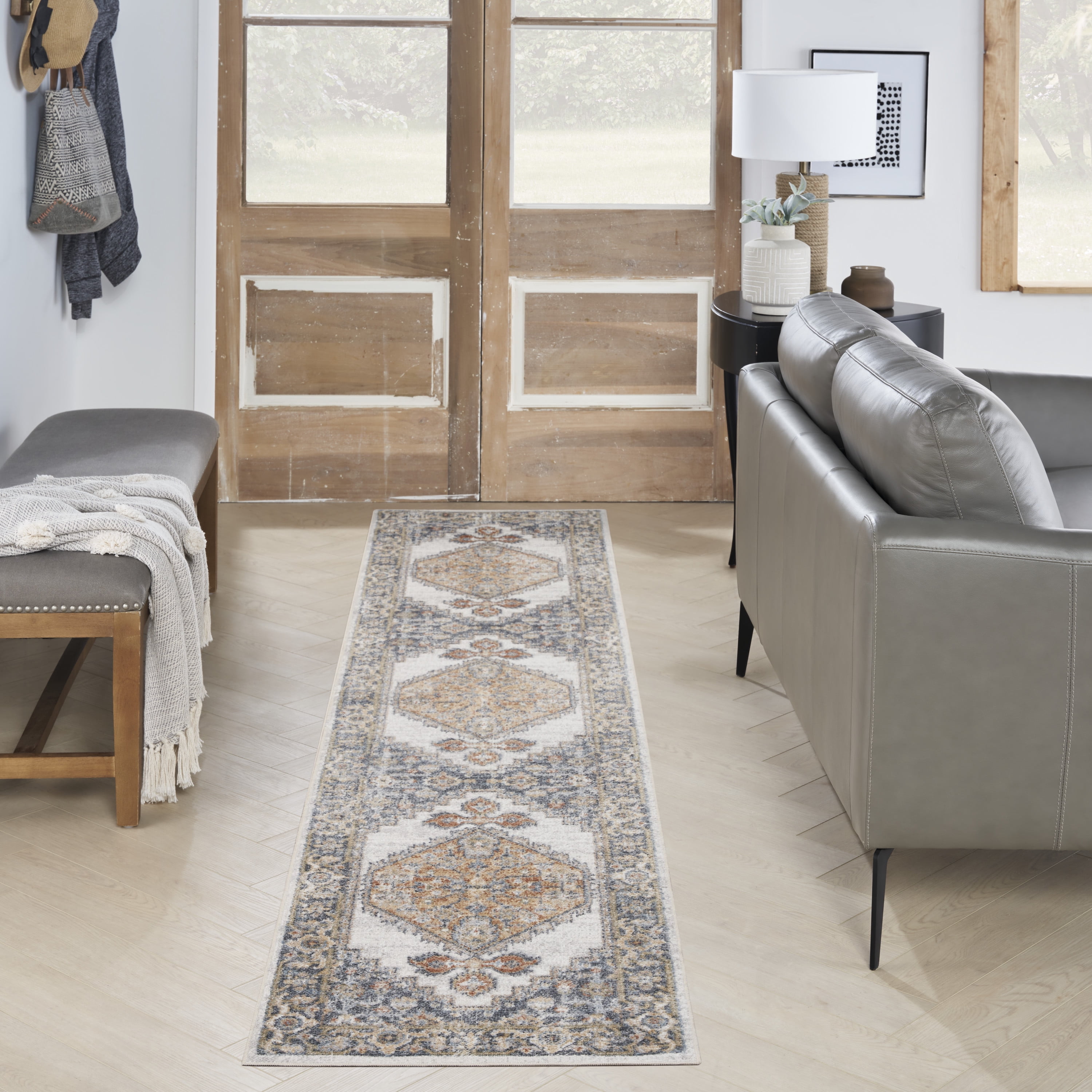 Astra Vintage Medallion 2'2" x 8' Grey/Gold Washable Runner Rug