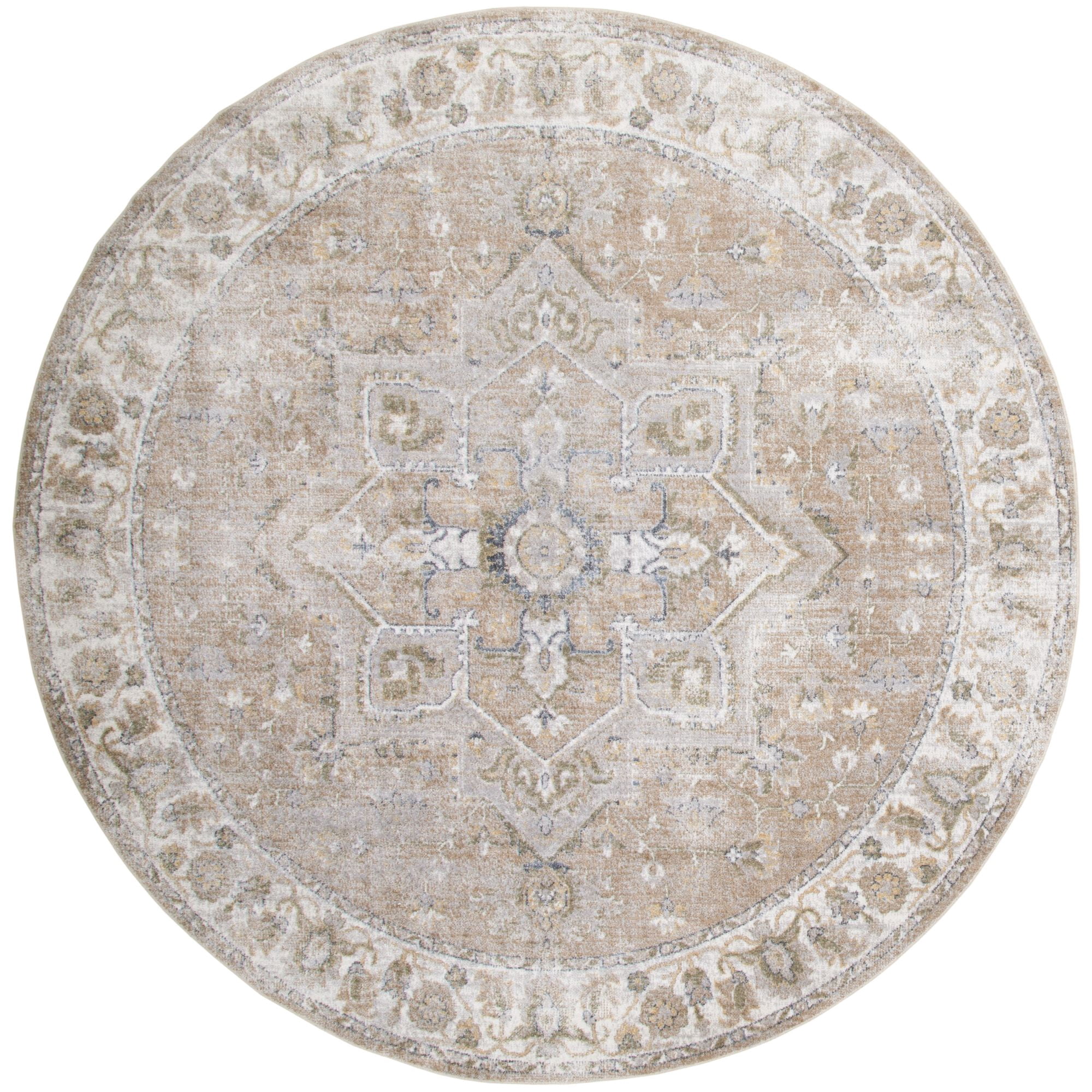 Nourison Astra Machine Washable 5'3" x Round Beige Vintage Indoor Flatweave Rug