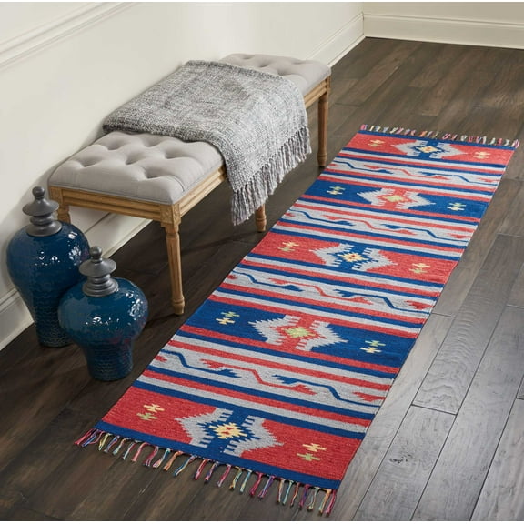 Nourison Baja Tribal Blue/Red 2'3" x 7'6" Area Rug, (2x8)