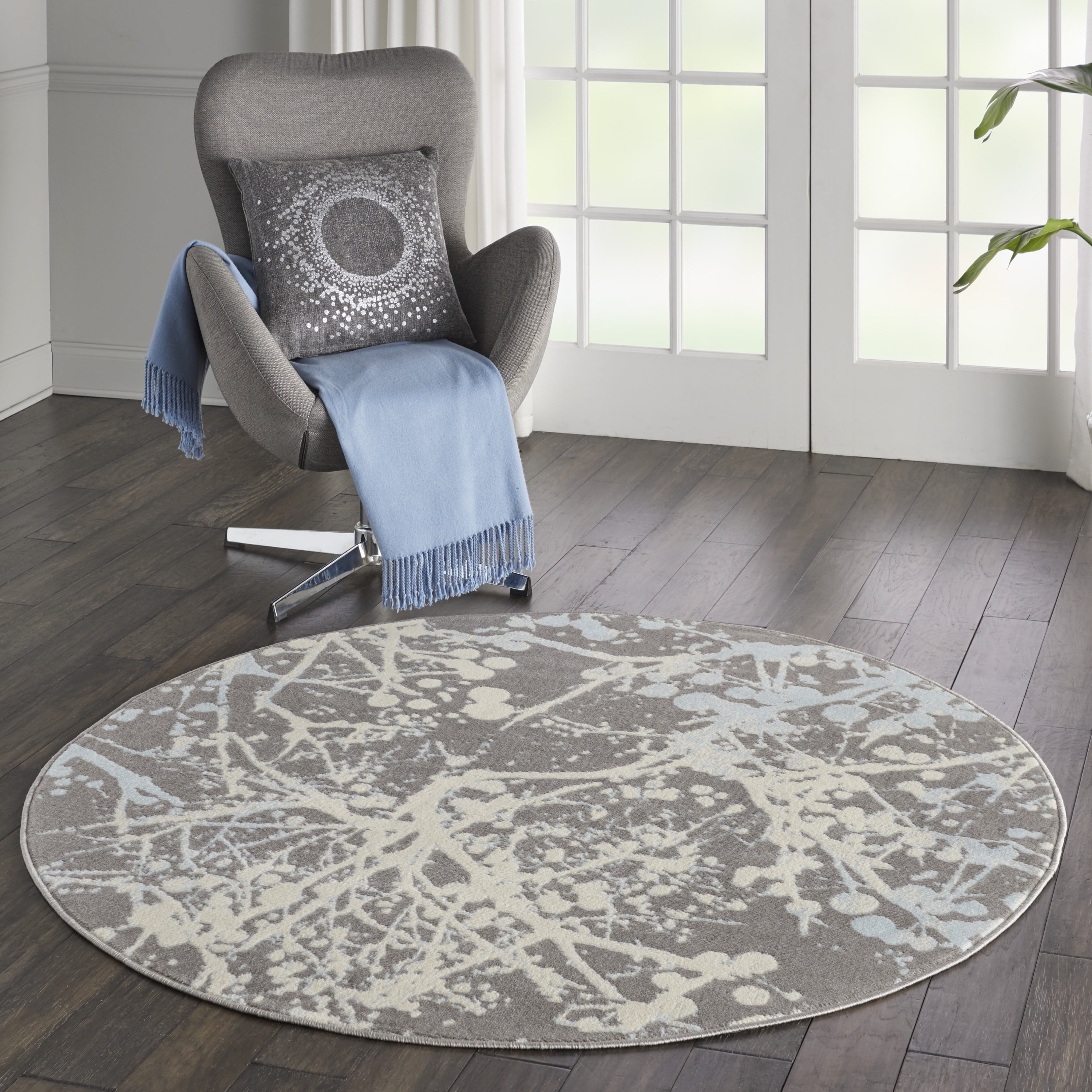 Nourison Bliss Modern Botanical Grey 5'3" x Round Area Rug, (5' Round)