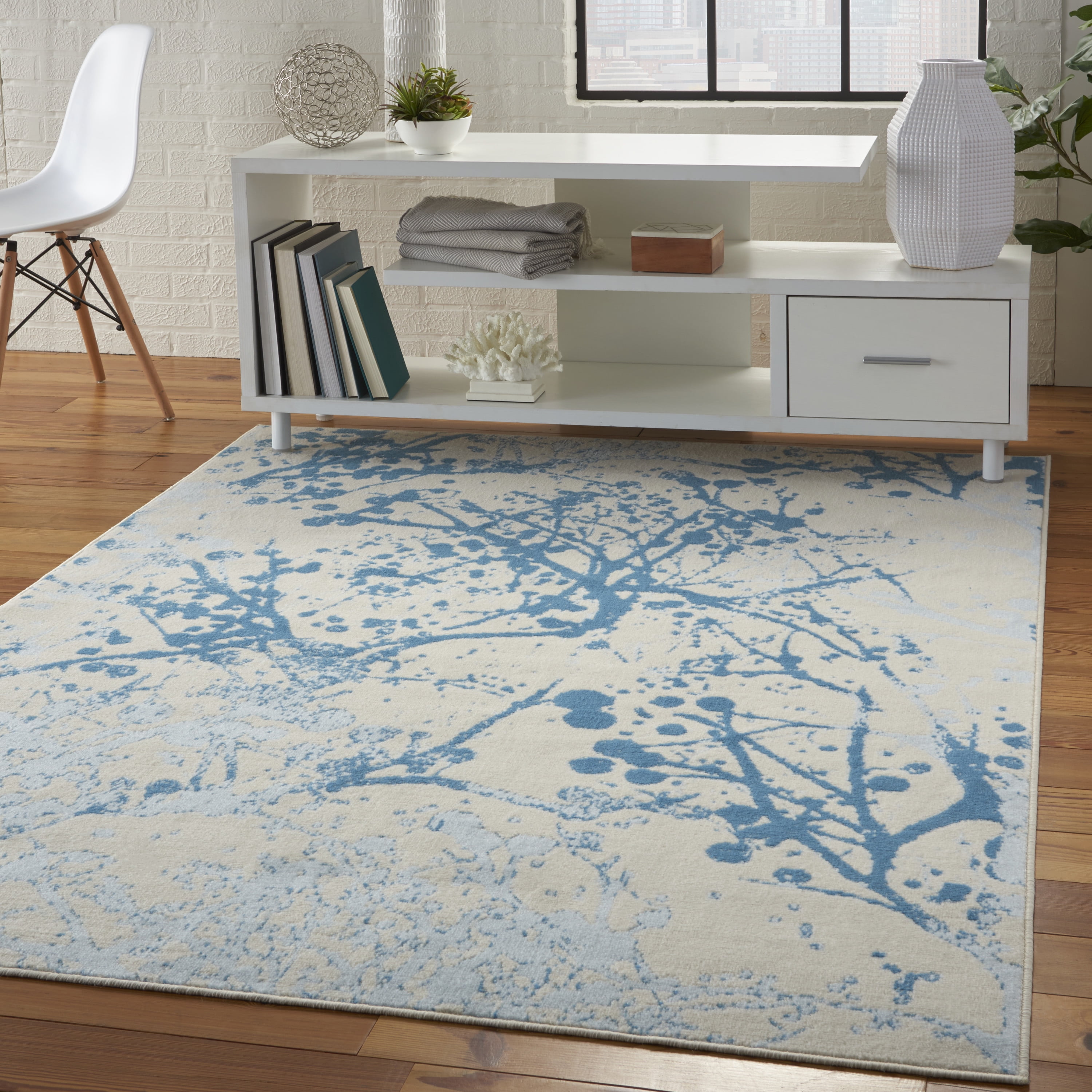 Nourison Bliss Modern Botanical Ivory/Blue 4' x 6' Area Rug, (4' x 6')
