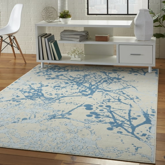 Nourison Bliss Modern Botanical Ivory/Blue 5'3" x 7'3" Area Rug, (5' x 7')