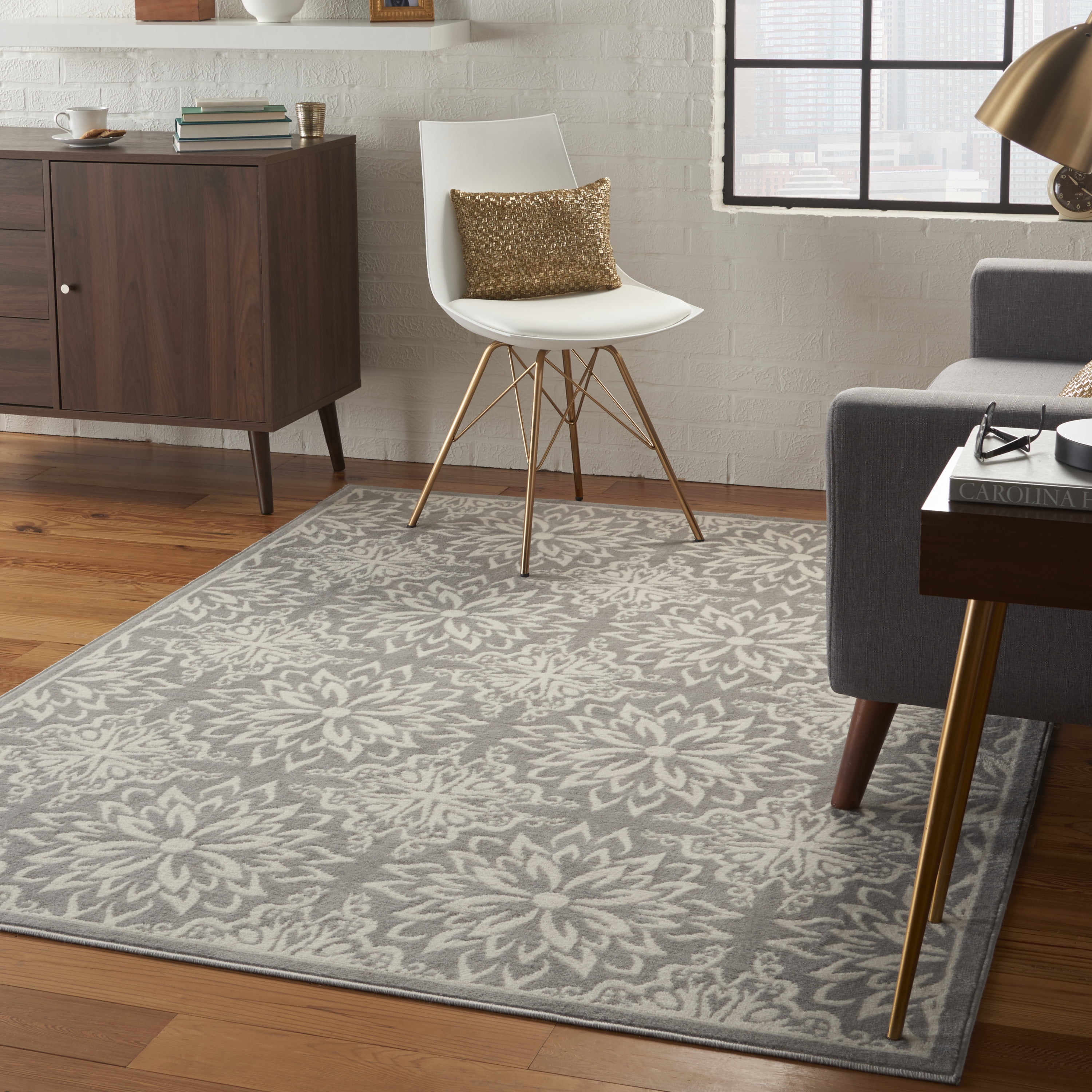 Nourison Bliss Modern Floral Ivory/Grey 5'3" x 7'3" Area Rug, (5' x 7')