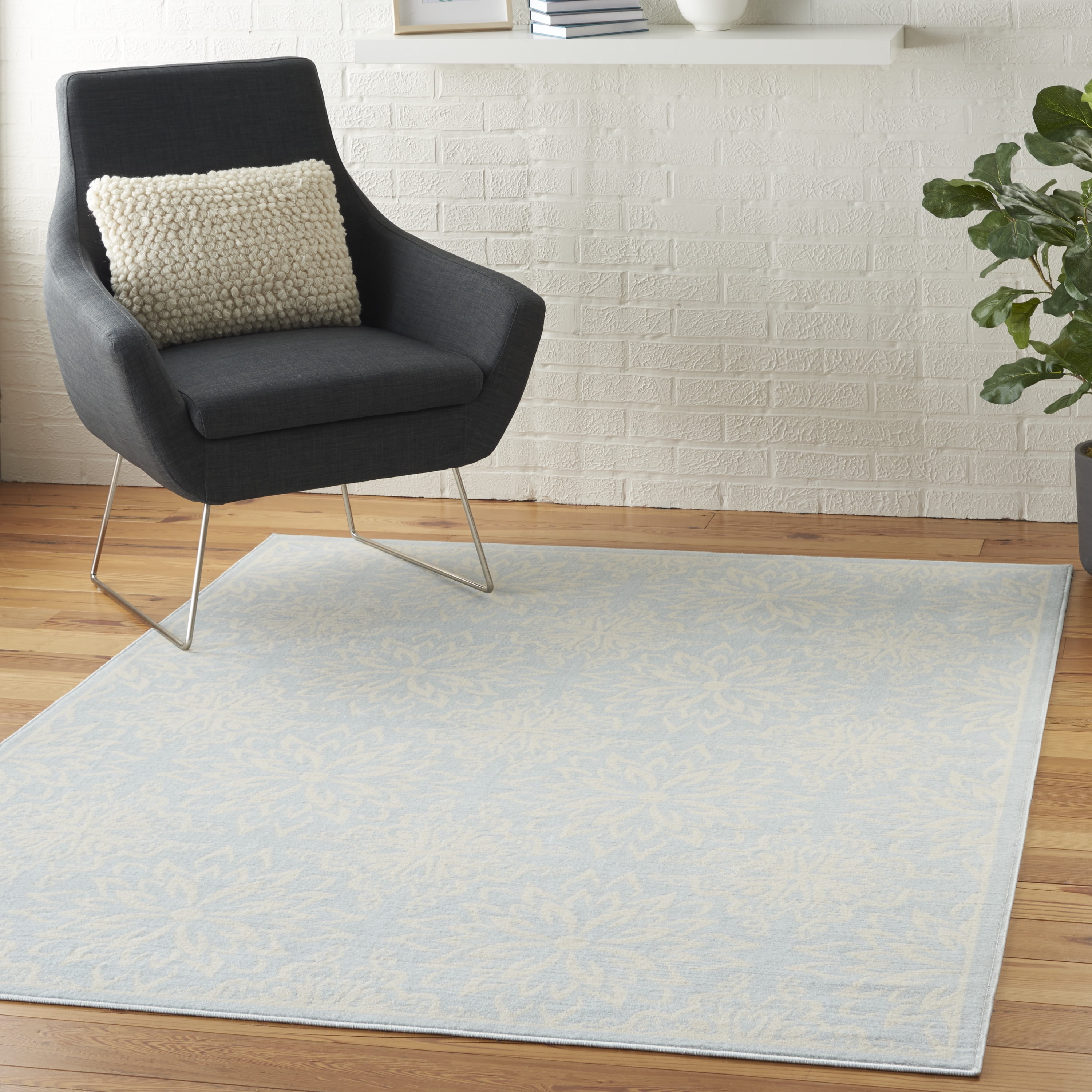 Nourison Bliss Modern Floral Ivory/Light Blue 6' x 9' Area Rug, (6' x 9')