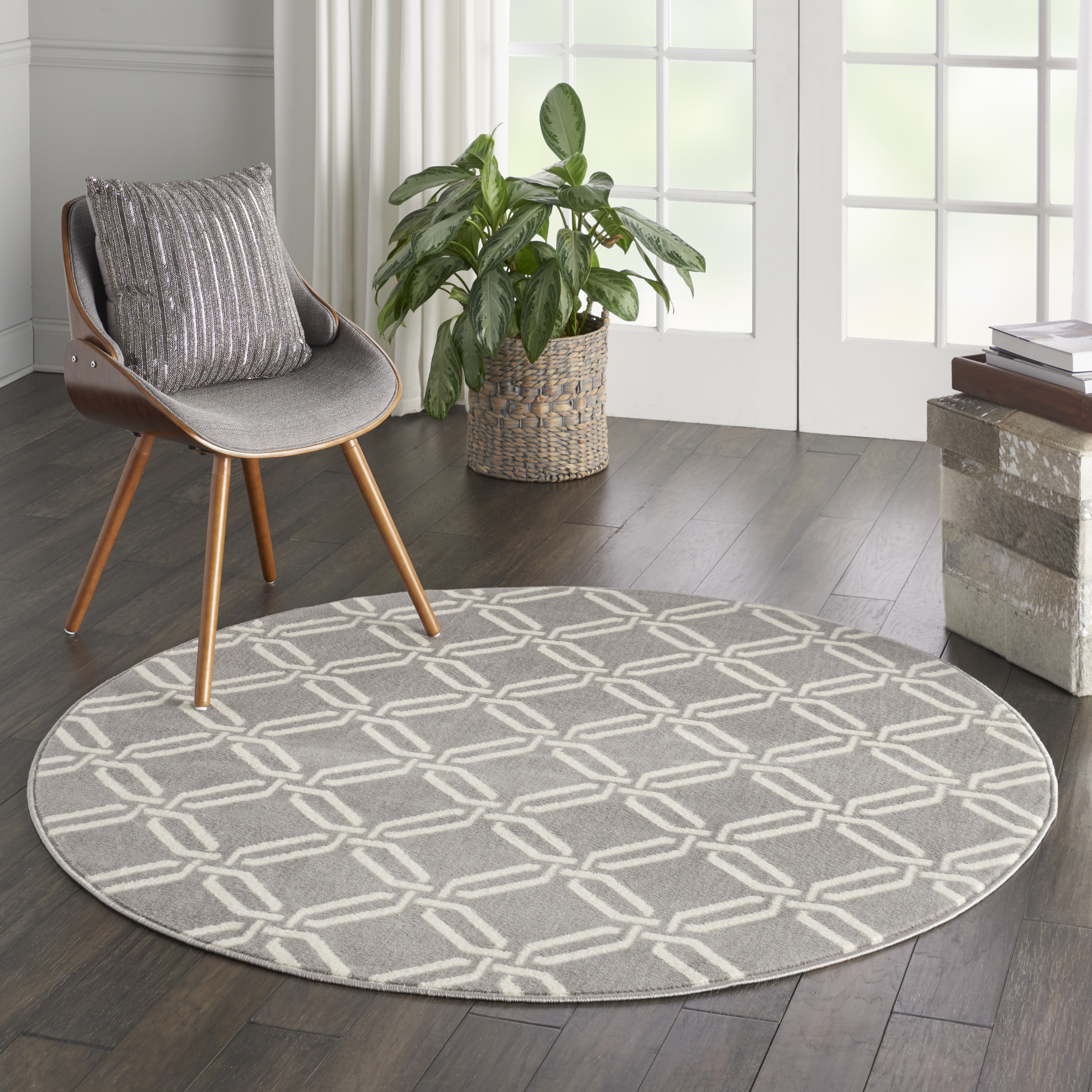 Nourison Bliss Transitional Trellis Grey 5'3" x Round Area Rug, (5' Round)