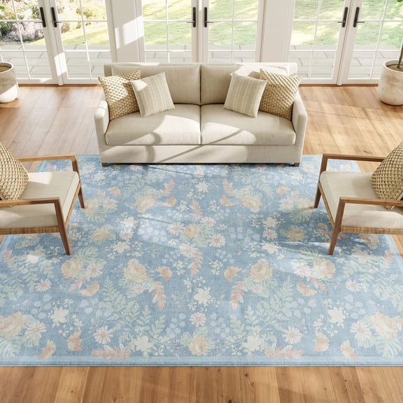 Nourison Botanical Washables 4' x 6' Blue Multicolor Farmhouse Indoor Flatweave Rug