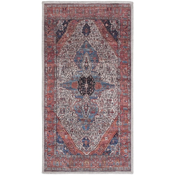 Nourison Washable Brilliance 2' x 4' Ivory/Brick Vintage Indoor Bathroom, Kitchen Mat Rug