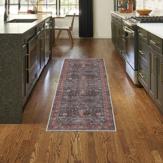 Nourison Brilliance Machine Washable Bohemian Navy/Brick 2' x 6' Area Rug, (2x6)